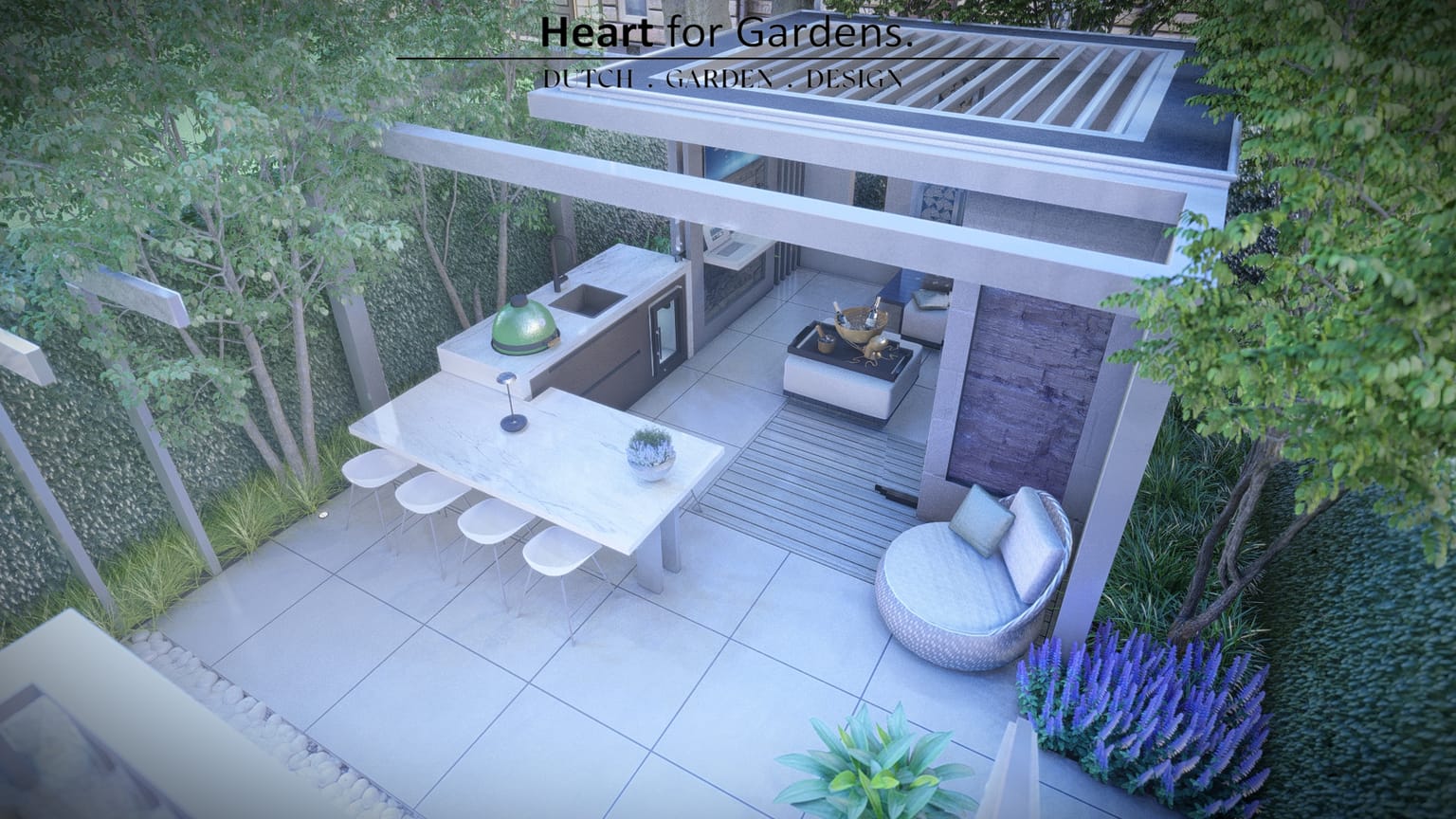 Moderne stadstuin met overkapping en geïntegreerde plungepool afbeelding 1