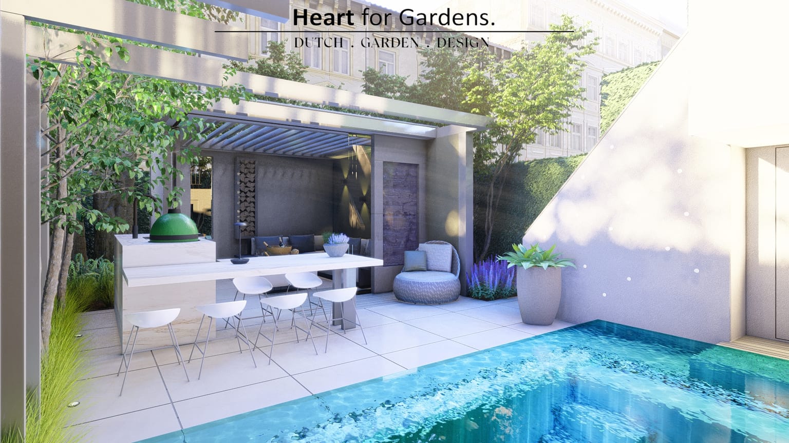 Moderne stadstuin met overkapping en geïntegreerde plungepool afbeelding 3