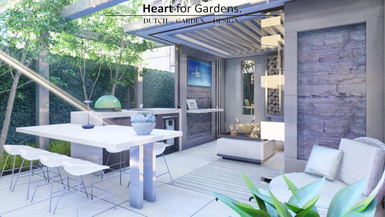 Moderne stadstuin met overkapping en geïntegreerde plungepool afbeelding 5