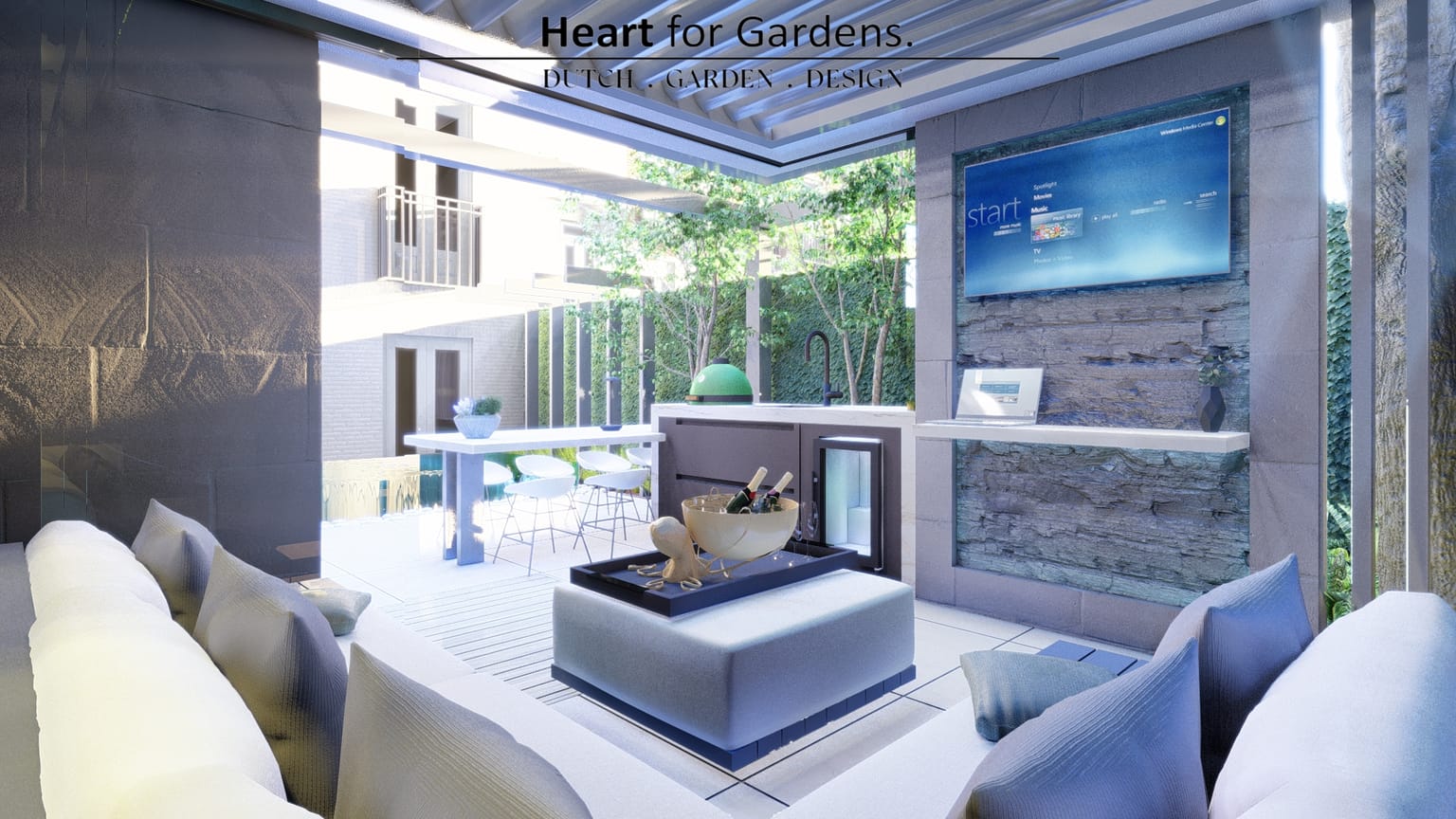 Moderne stadstuin met overkapping en geïntegreerde plungepool