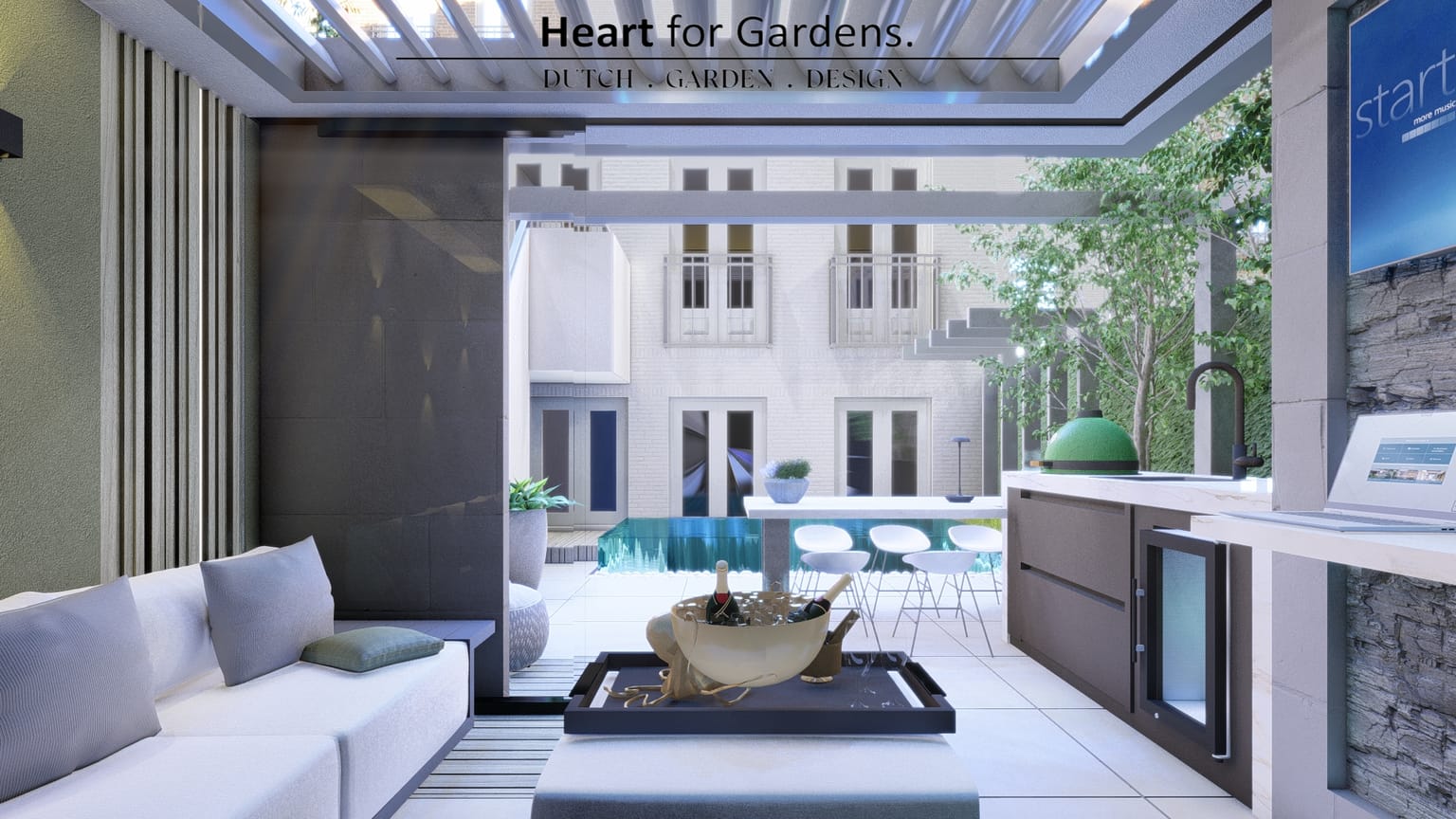 Moderne stadstuin met overkapping en geïntegreerde plungepool afbeelding 6