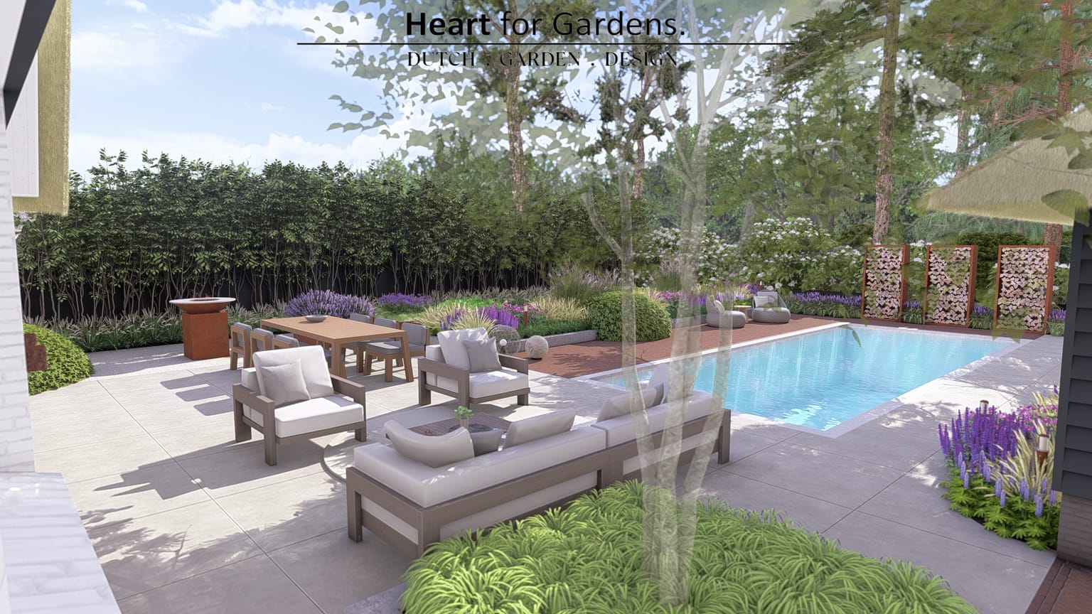 Sfeervolle landelijke tuin met zwembad afbeelding 3