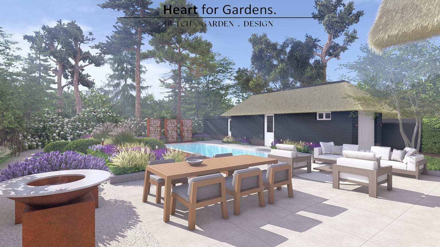 Sfeervolle landelijke tuin met zwembad afbeelding 4