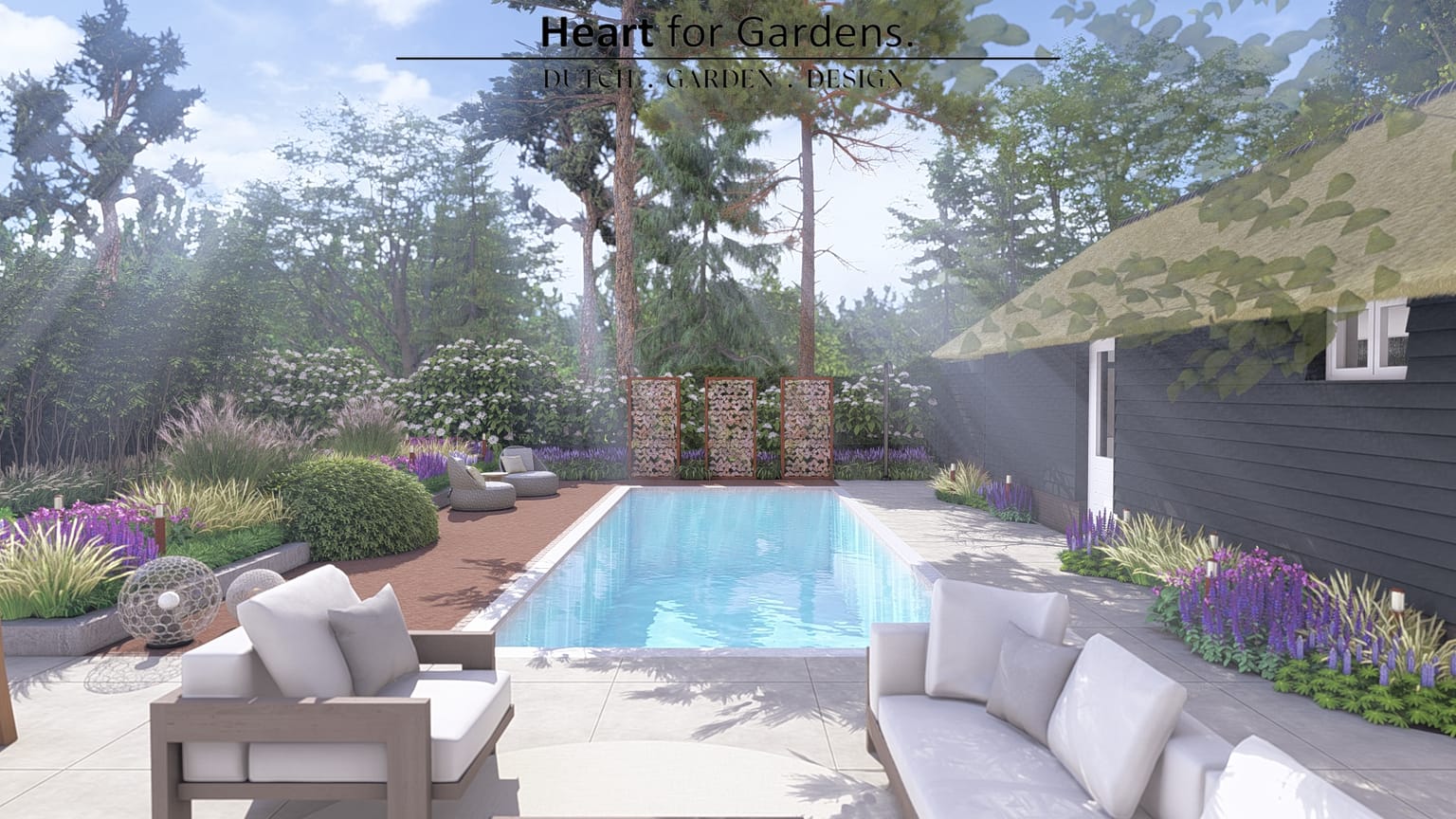 Sfeervolle landelijke tuin met zwembad afbeelding 5