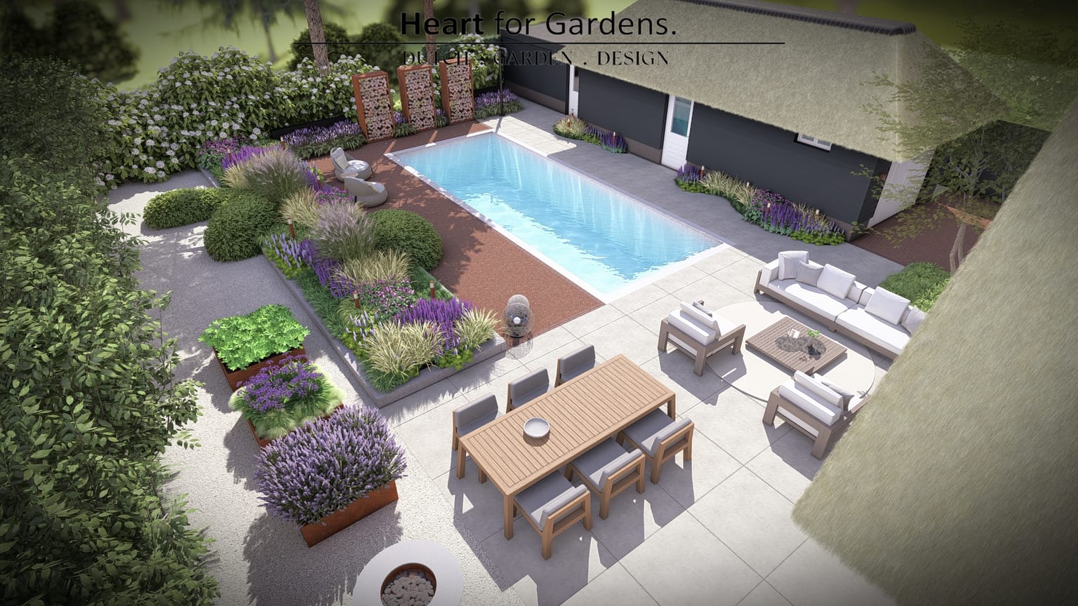 Sfeervolle landelijke tuin met zwembad afbeelding 11