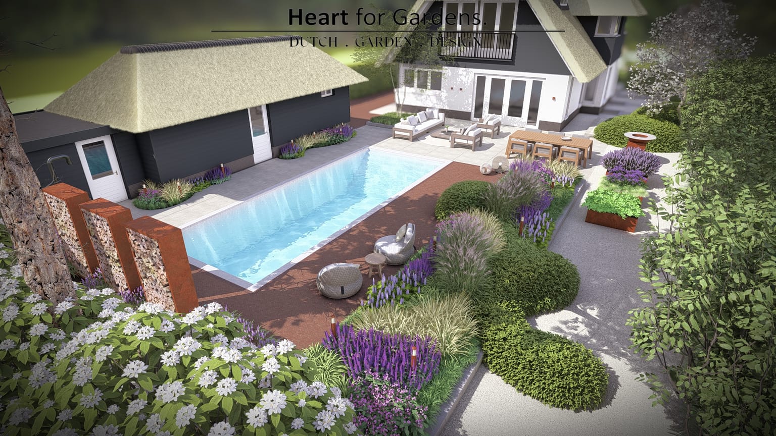 Sfeervolle landelijke tuin met zwembad afbeelding 12